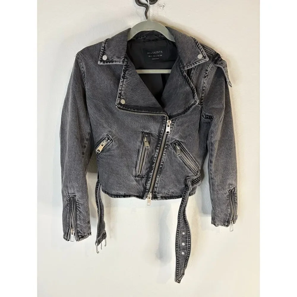 ALLSAINTS Balfern Denim Jacket Belted Biker Moto Urban Grunge Streetwear Fall 2